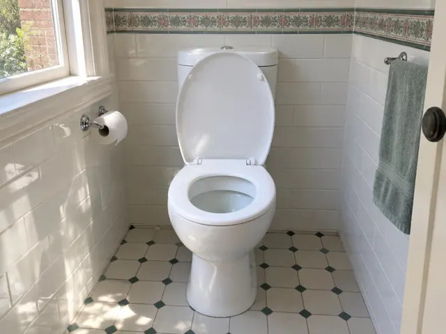 Clean white toilet in a tiled bathroom with open lid and window light in Penshurst
