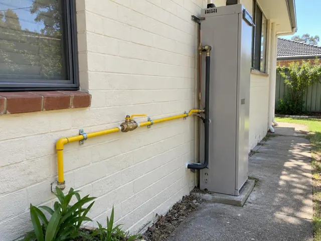 Yellow gas pipe and valve beside an outdoor gas unit on a cream brick house wall in Peakhurst