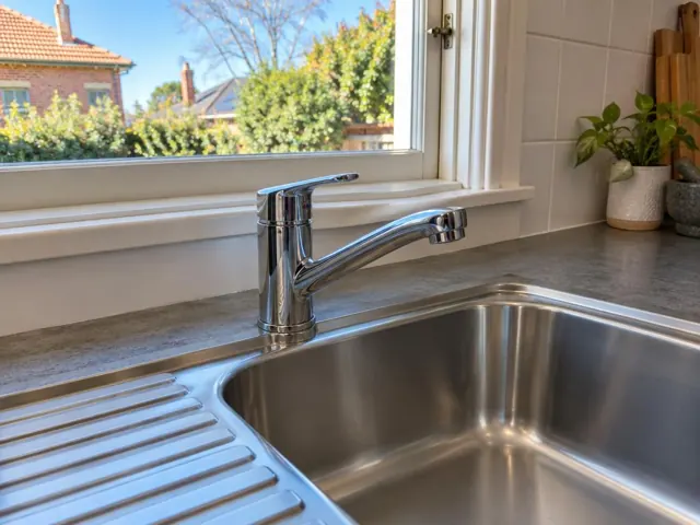 Chrome mixer tap over stainless sink and stone benchtop beside a window in Beverly Hills